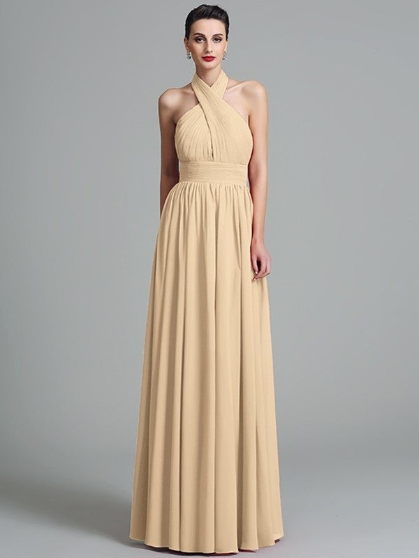 Sleeveless A-Line/Princess Long Halter Ruffles Chiffon Bridesmaid Dresses