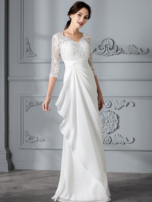 Sheath/Column V-neck Chiffon Sleeves 3/4 Floor-Length Wedding Dresses