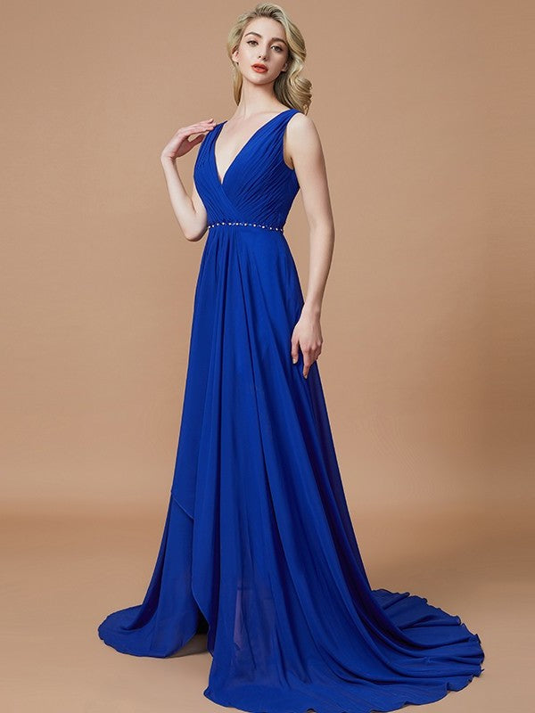 A-Line/Princess Chiffon Sweep/Brush Sleeveless V-neck Train Bridesmaid Dresses