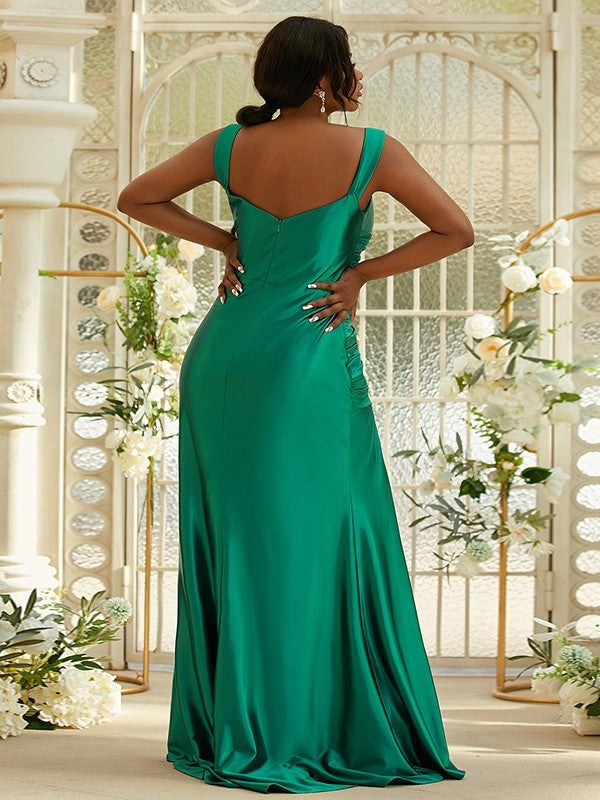 Sweetheart Ruched Sheath/Column Elastic Woven Satin Sleeveless Sweep/Brush Train Bridesmaid Dresses