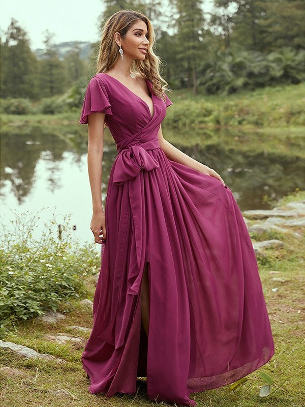 Sleeves Chiffon Ruffles Short A-Line/Princess V-neck Floor-Length Bridesmaid Dresses