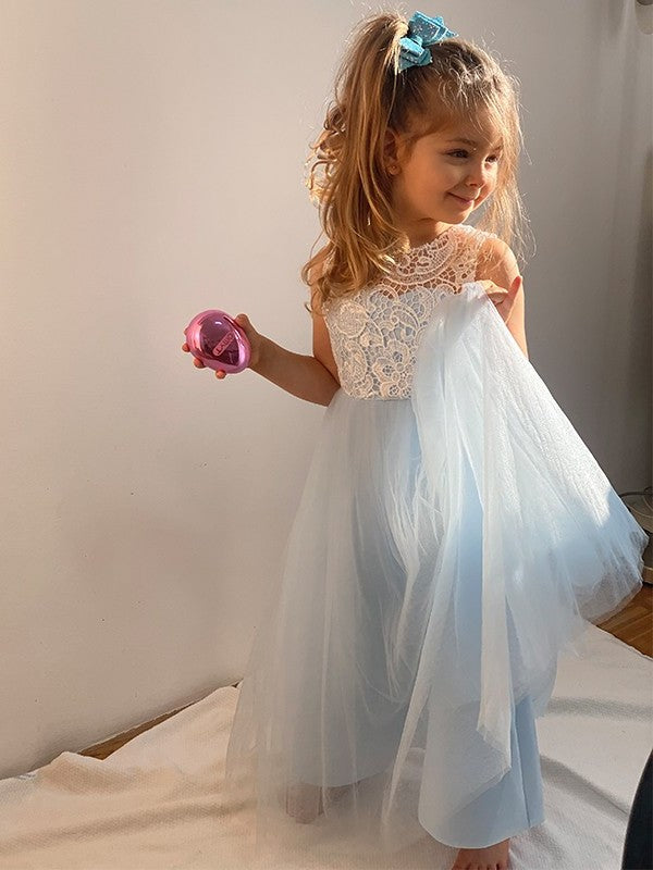 Tulle A-Line/Princess Ankle-Length Sleeveless Scoop Lace Flower Girl Dresses