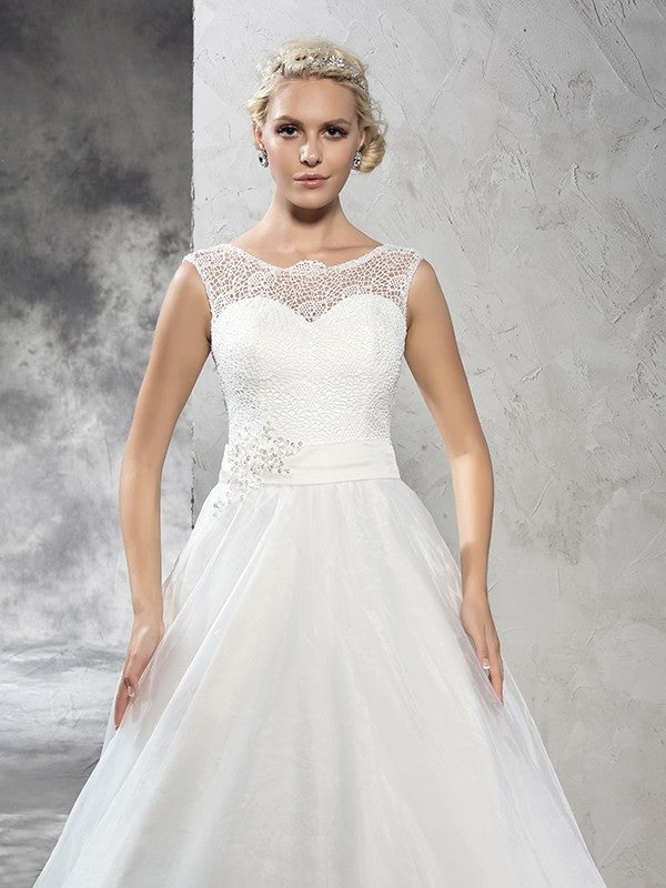 Ball Long Gown Sleeveless Sheer Neck Sash/Ribbon/Belt Net Wedding Dresses