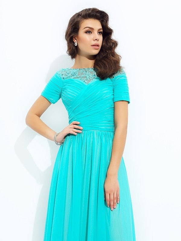 Lace A-line/Princess Short Bateau Sleeves Long Chiffon Dresses