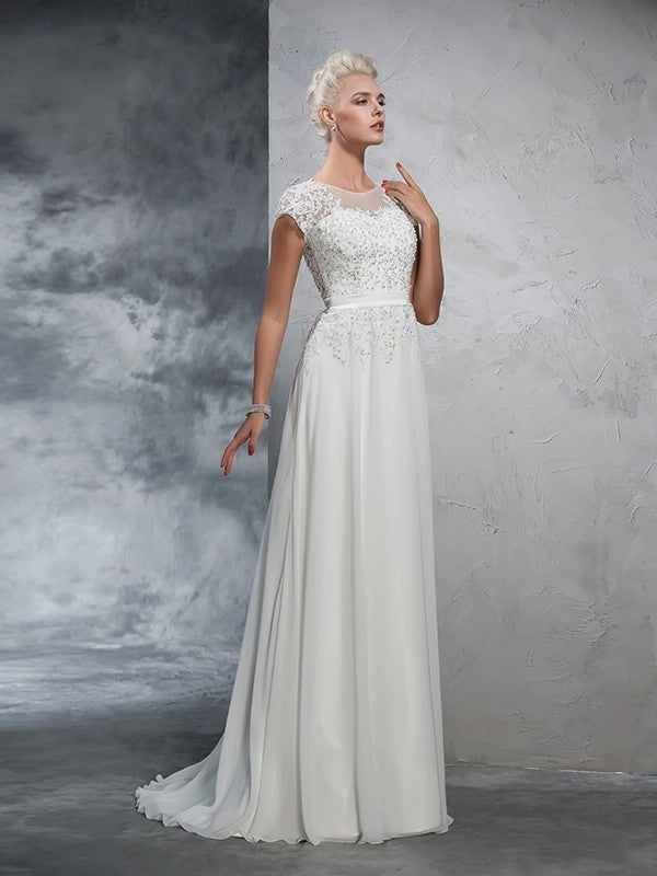 Short Neck Long Sheer A-Line/Princess Applique Sleeves Chiffon Wedding Dresses