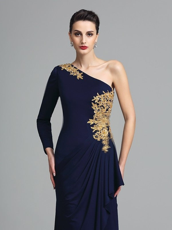 Sheath/Column Long Embroidery Sleeves One-Shoulder Long Spandex Dresses