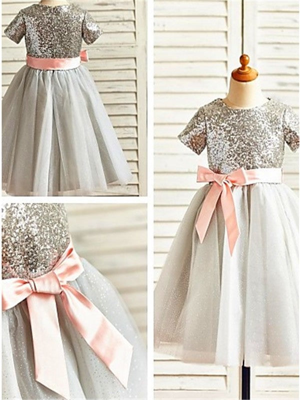 Sleeves Tulle Tea-Length Sequin A-line/Princess Scoop Short Flower Girl Dresses