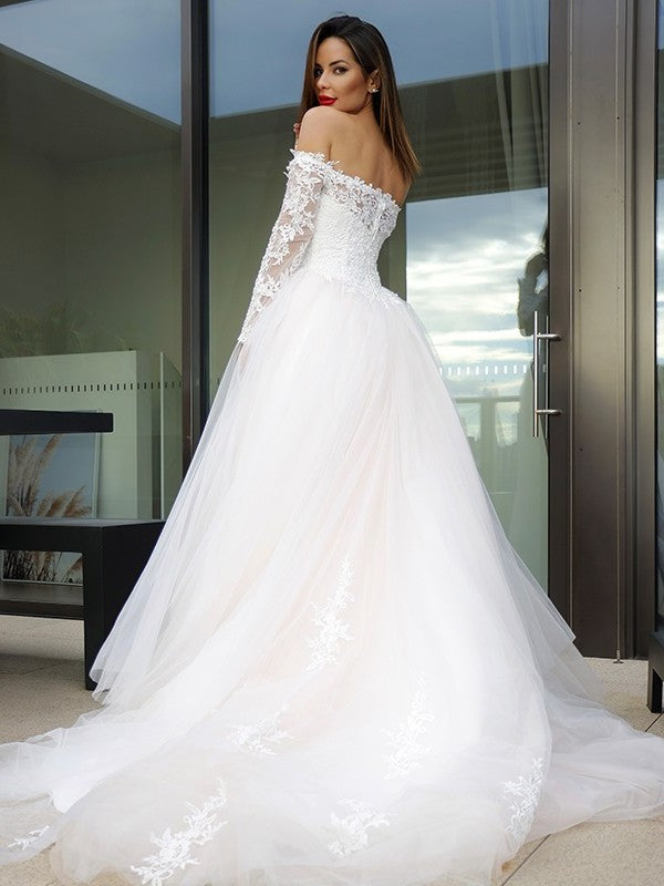 Sleeves Court Long Tulle A-Line/Princess Off-the-Shoulder Applique Train Wedding Dresses