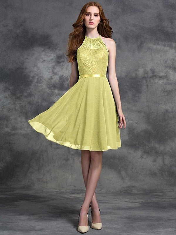 Short Lace Sleeveless Halter A-line/Princess Chiffon Bridesmaid Dresses