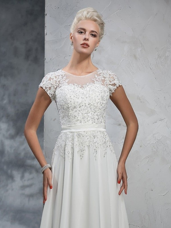 Short Neck Long Sheer A-Line/Princess Applique Sleeves Chiffon Wedding Dresses