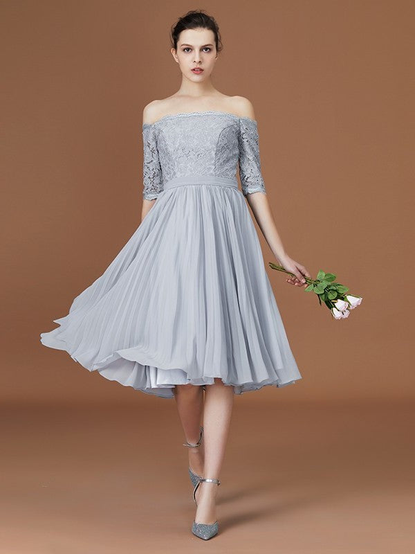 Off-the-Shoulder Short A-Line/Princess Sleeves Lace Tea-Length Chiffon Bridesmaid Dress