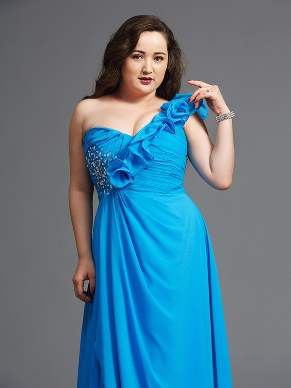 Sleeveless Chiffon Long Rhinestone A-Line/Princess One-Shoulder Plus Size Dresses