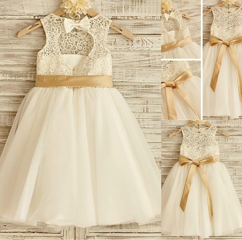 Sleeveless Scoop Bowknot Knee-Length A-line/Princess Tulle Flower Girl Dresses