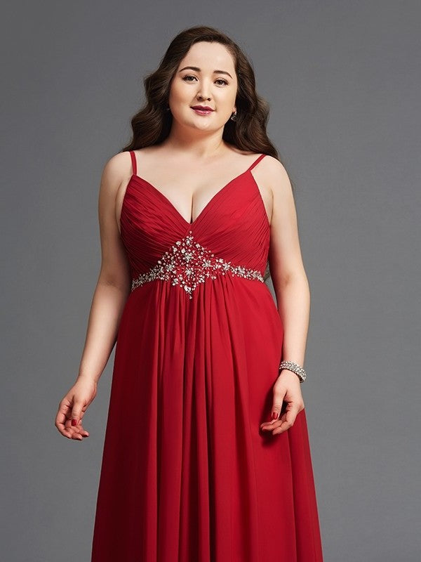 Straps Sleeveless Long Beading Chiffon Spaghetti A-Line/Princess Plus Size Dresses