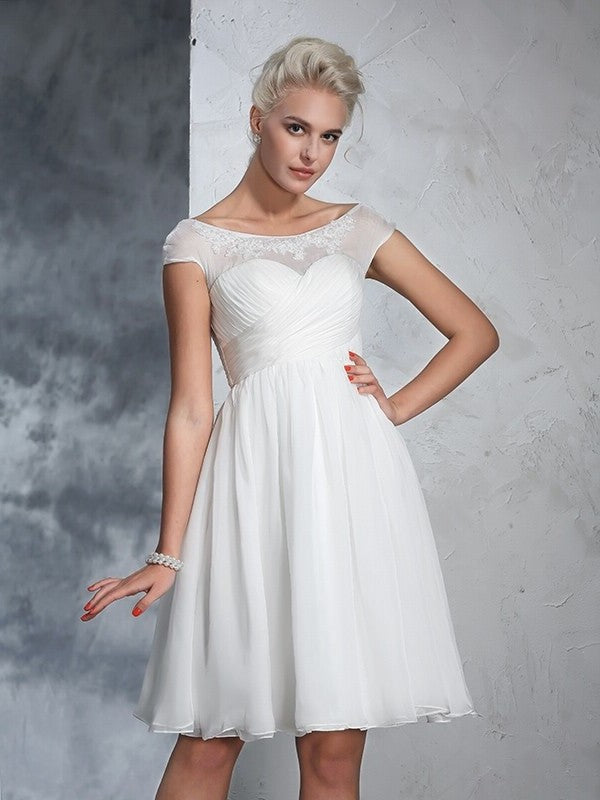 Ruched A-Line/Princess Short Sheer Short Neck Sleeves Chiffon Wedding Dresses