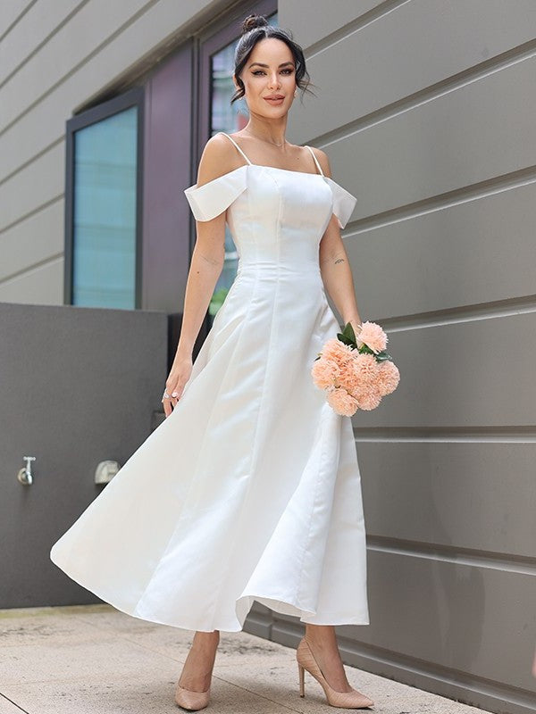 Sleeveless Spaghetti Satin Straps Ruffles A-Line/Princess Ankle-Length Wedding Dresses