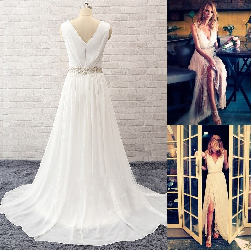 Train Sweep/Brush A-Line/Princess Sleeveless V-neck Beading Chiffon Wedding Dresses