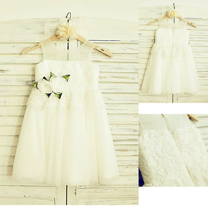 Tulle Hand-made Tea-Length A-line/Princess Straps Flower Sleeveless Flower Girl Dresses