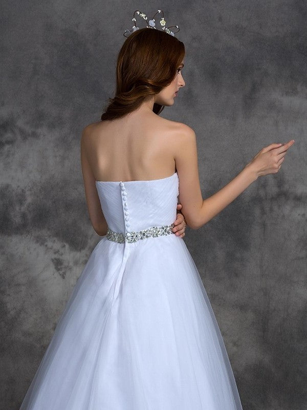 Beading A-line/Princess Long Sleeveless Sweetheart Satin Wedding Dresses