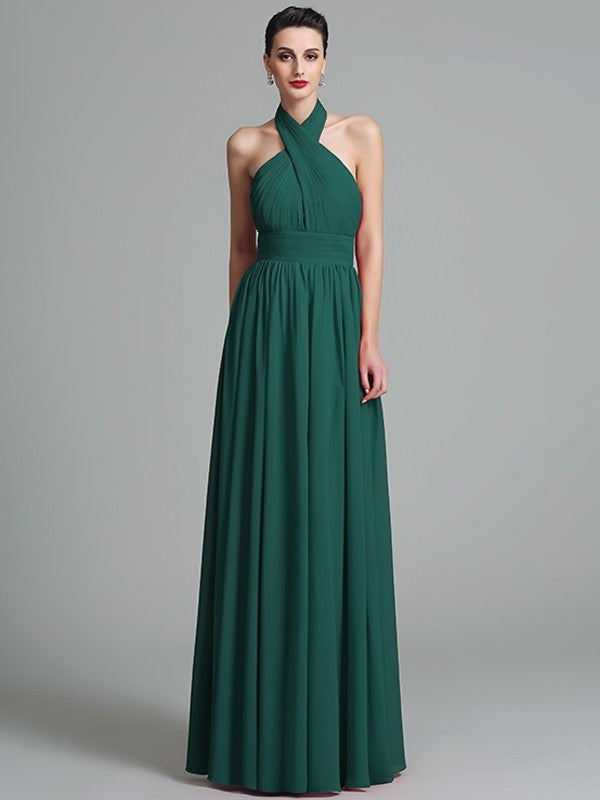 Sleeveless A-Line/Princess Long Halter Ruffles Chiffon Bridesmaid Dresses