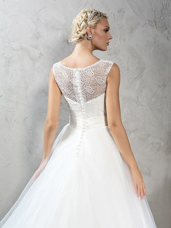 Ball Long Gown Sleeveless Sheer Neck Sash/Ribbon/Belt Net Wedding Dresses