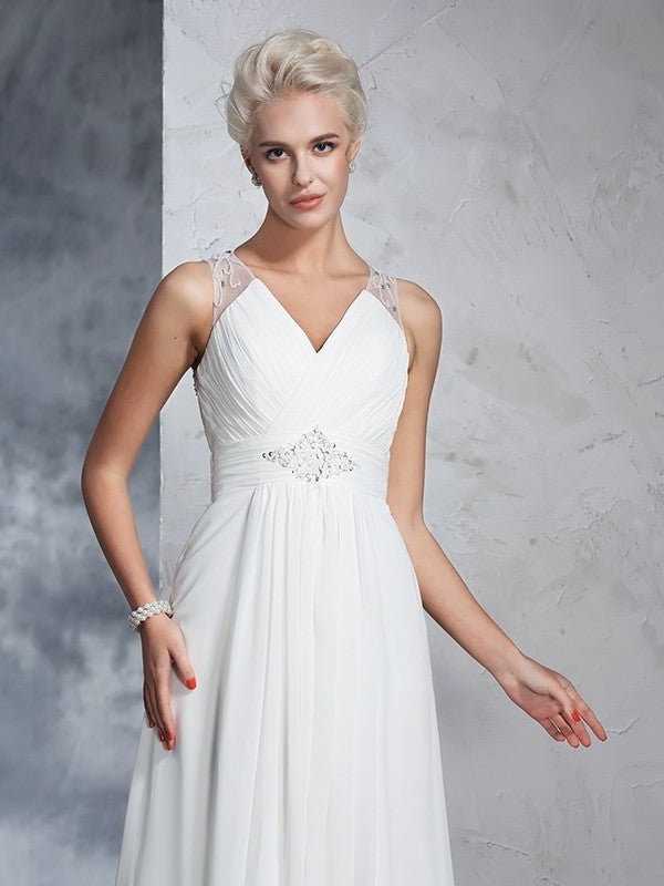 Sleeveless Ruched Long V-neck A-Line/Princess Chiffon Wedding Dresses