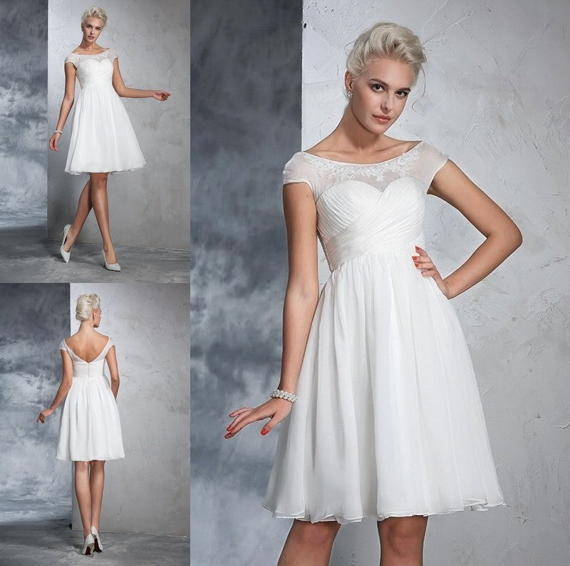 Ruched A-Line/Princess Short Sheer Short Neck Sleeves Chiffon Wedding Dresses