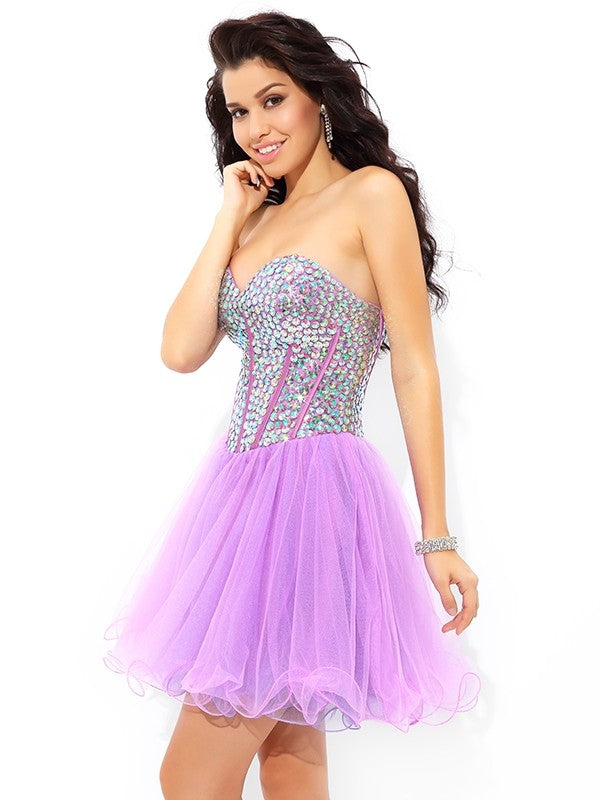 A-Line/Princess Sweetheart Paillette Sleeveless Short Net Homecoming Dresses Cocktail Reyna Dresses