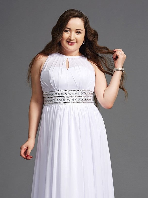 A-Line/Princess Jewel Sleeveless Long Chiffon Beading Plus Size Dresses