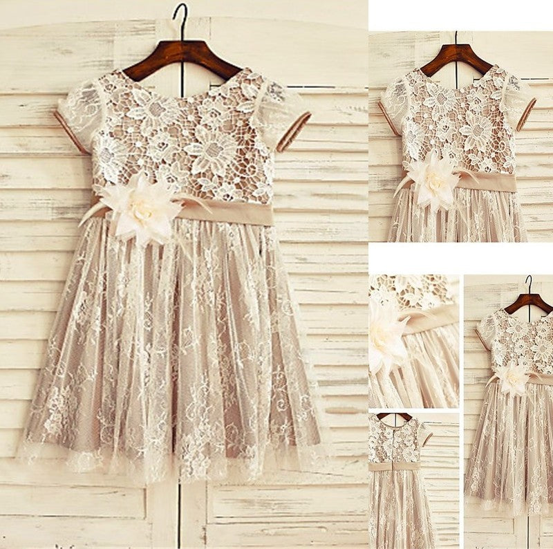 Short Scoop Sleeves Lace A-line/Princess Hand-made Flower Tea-Length Flower Girl Dresses