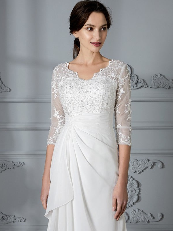 Sheath/Column V-neck Chiffon Sleeves 3/4 Floor-Length Wedding Dresses