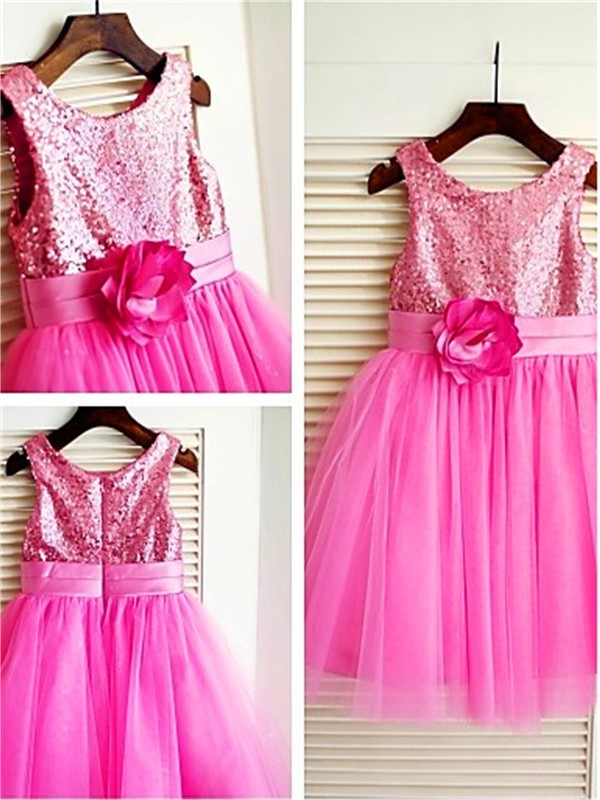 Scoop Sleeveless Tea-Length A-line/Princess Tulle Sequin Flower Girl Dresses