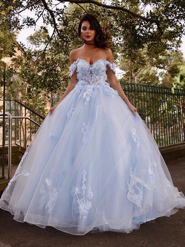 Ball Gown Sleeveless Off-the-Shoulder Applique Tulle Sweep/Brush Train Dresses