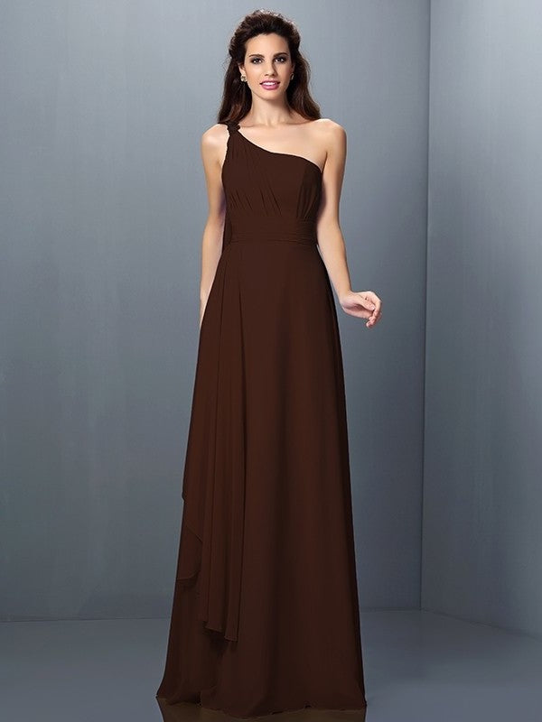 Pleats Sleeveless A-Line/Princess Long One-Shoulder Chiffon Bridesmaid Dresses