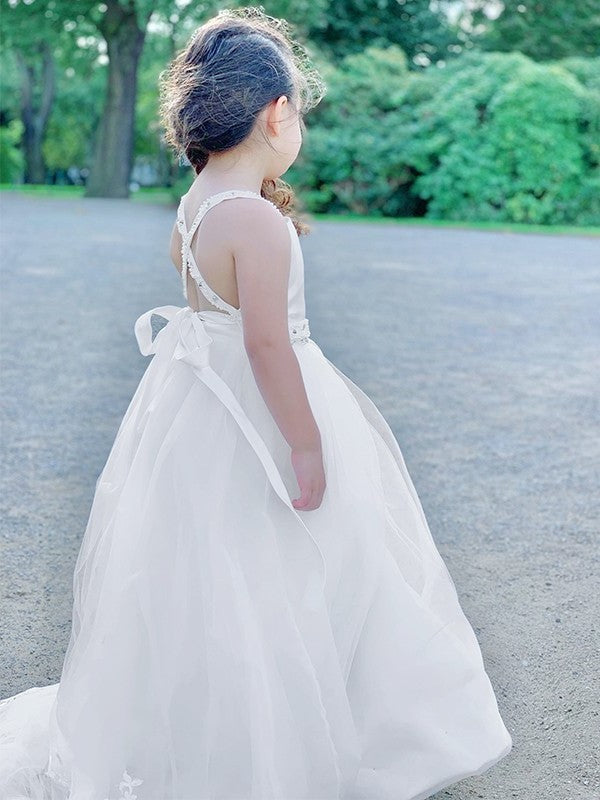 A-Line/Princess Spaghetti Tulle Sleeveless Straps Sweep/Brush Train Beading Flower Girl Dresses