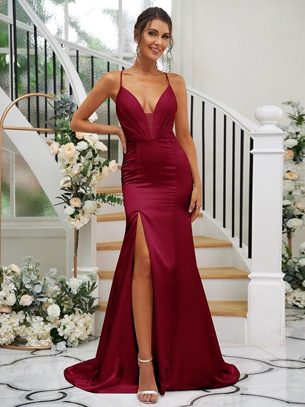 Ruched Sweep/Brush V-neck like Sheath/Column Satin Silk Sleeveless Train Bridesmaid Dresses