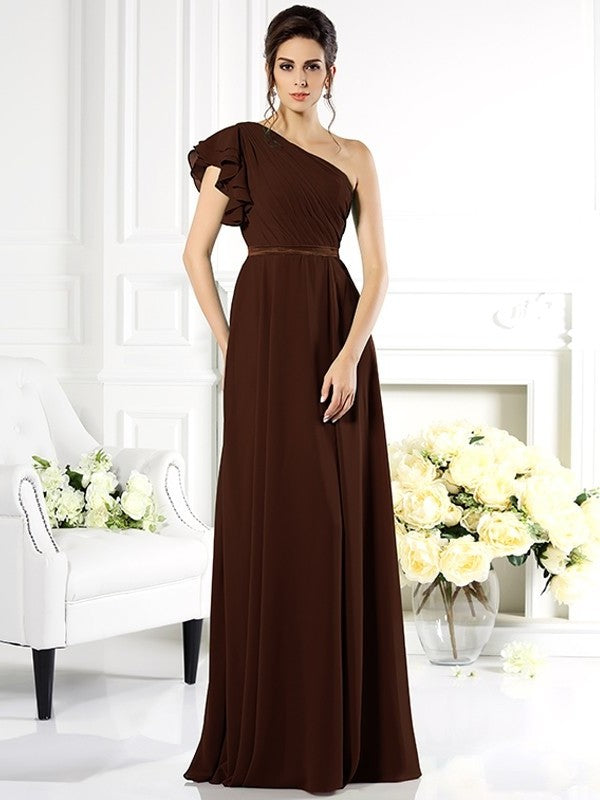 One-Shoulder Ruffles A-Line/Princess Long Sleeveless Chiffon Bridesmaid Dresses