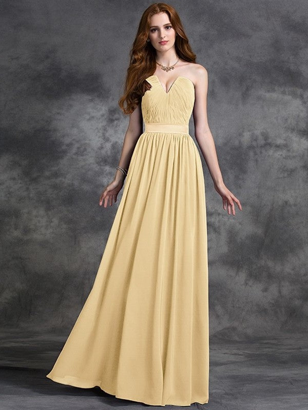 Ruched A-line/Princess Sleeveless Sweetheart Long Chiffon Bridesmaid Dresses