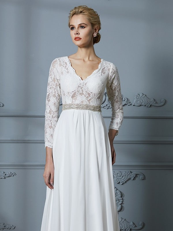 Train Sweep/Brush Sleeves Lace 3/4 V-neck A-Line/Princess Chiffon Wedding Dresses