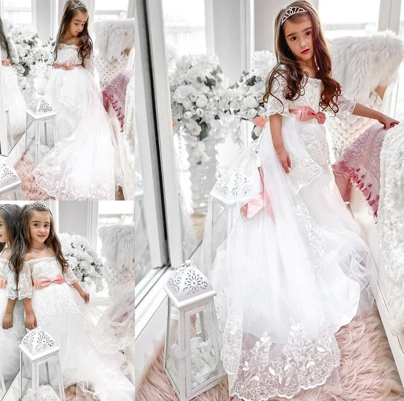 Sash/Ribbon/Belt Tulle Sweep/Brush Off-the-Shoulder 1/2 Train Sleeves A-Line/Princess Flower Girl Dresses