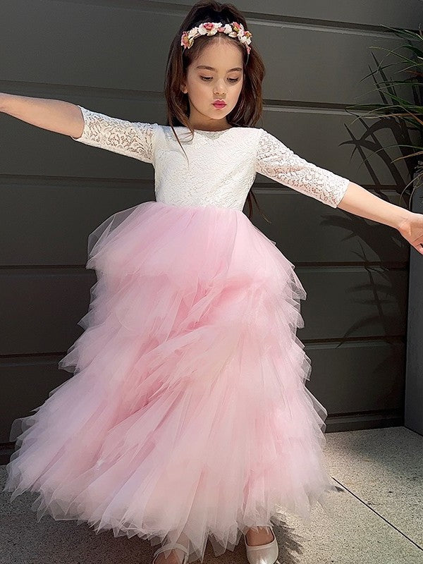 3/4 Sleeves A-Line/Princess Tulle Lace Ankle-Length Scoop Flower Girl Dresses