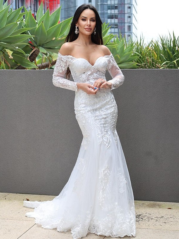 Trumpet/Mermaid Sweep/Brush Applique Tulle Long Off-the-Shoulder Sleeves Train Wedding Dresses