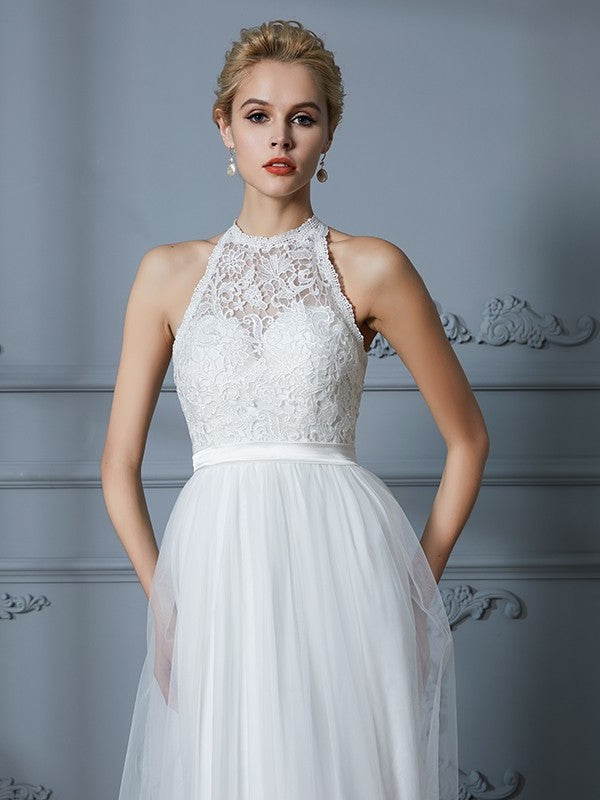 Sleeveless Scoop A-Line/Princess Tulle Floor-Length Wedding Dresses