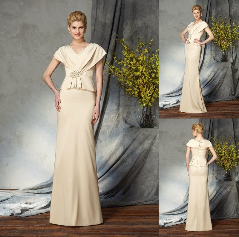 Silk Sleeves Satin Mother of Sheath/Column V-neck Long Beading Short like the Bride Dresses