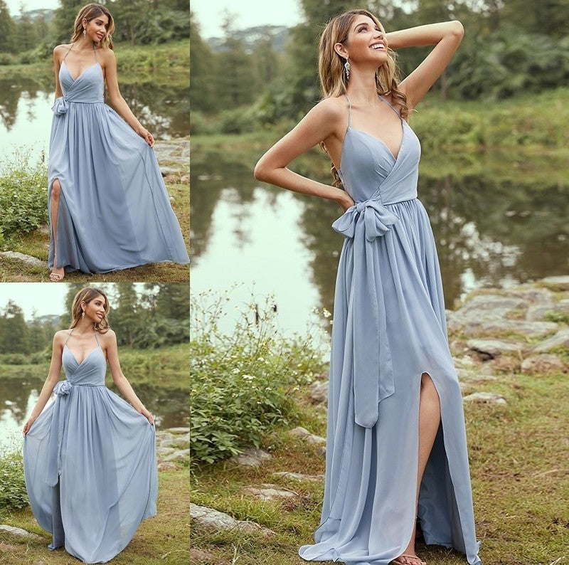 Sleeveless Sweep/Brush Ruffles V-neck Chiffon A-Line/Princess Train Bridesmaid Dresses