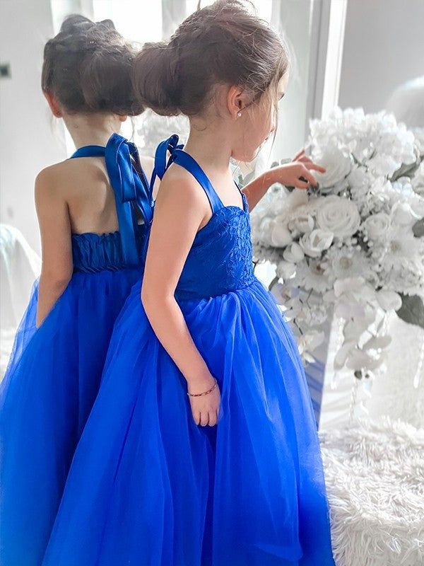 Sleeveless Tulle Halter Tea-Length A-Line/Princess Ruffles Flower Girl Dresses