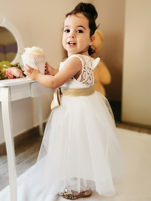 A-Line/Princess Sleeveless Scoop Tulle Knee-Length Sash/Ribbon/Belt Flower Girl Dresses