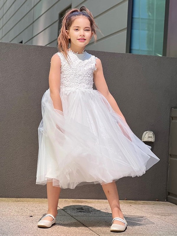 Knee-Length Tulle Lace Sleeveless Neck A-Line/Princess High Flower Girl Dresses