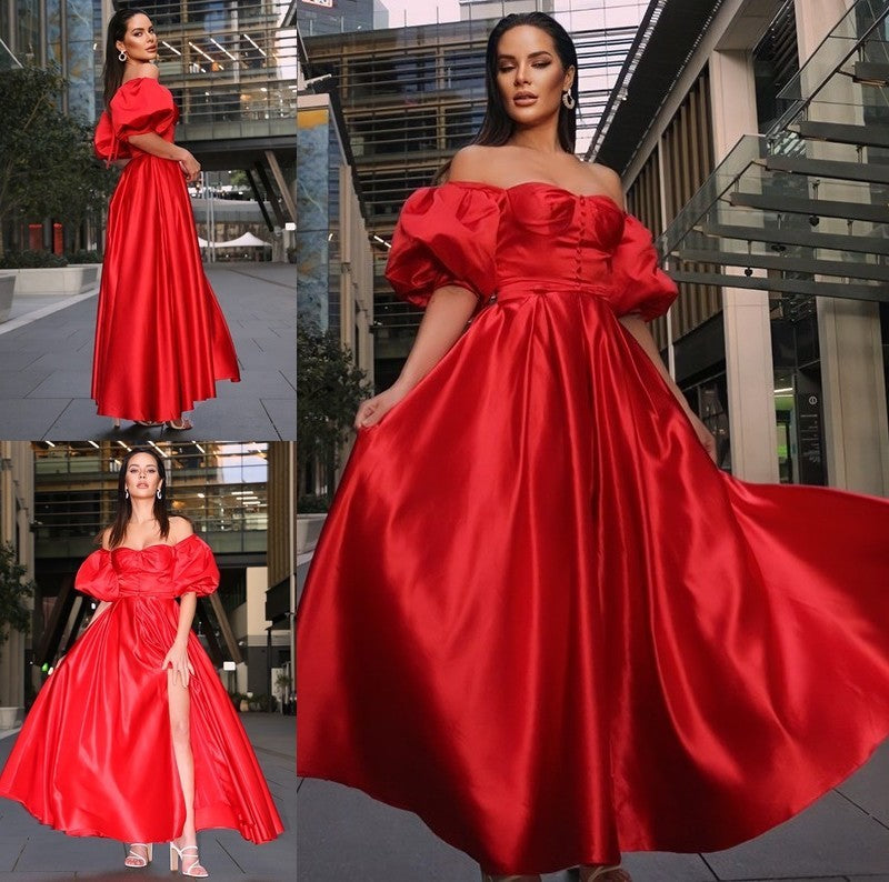 A-Line/Princess 1/2 Satin Off-the-Shoulder Ruffles Sleeves Ankle-Length Dresses