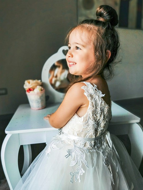 Sleeveless V-neck A-Line/Princess Tulle Ankle-Length Lace Flower Girl Dresses